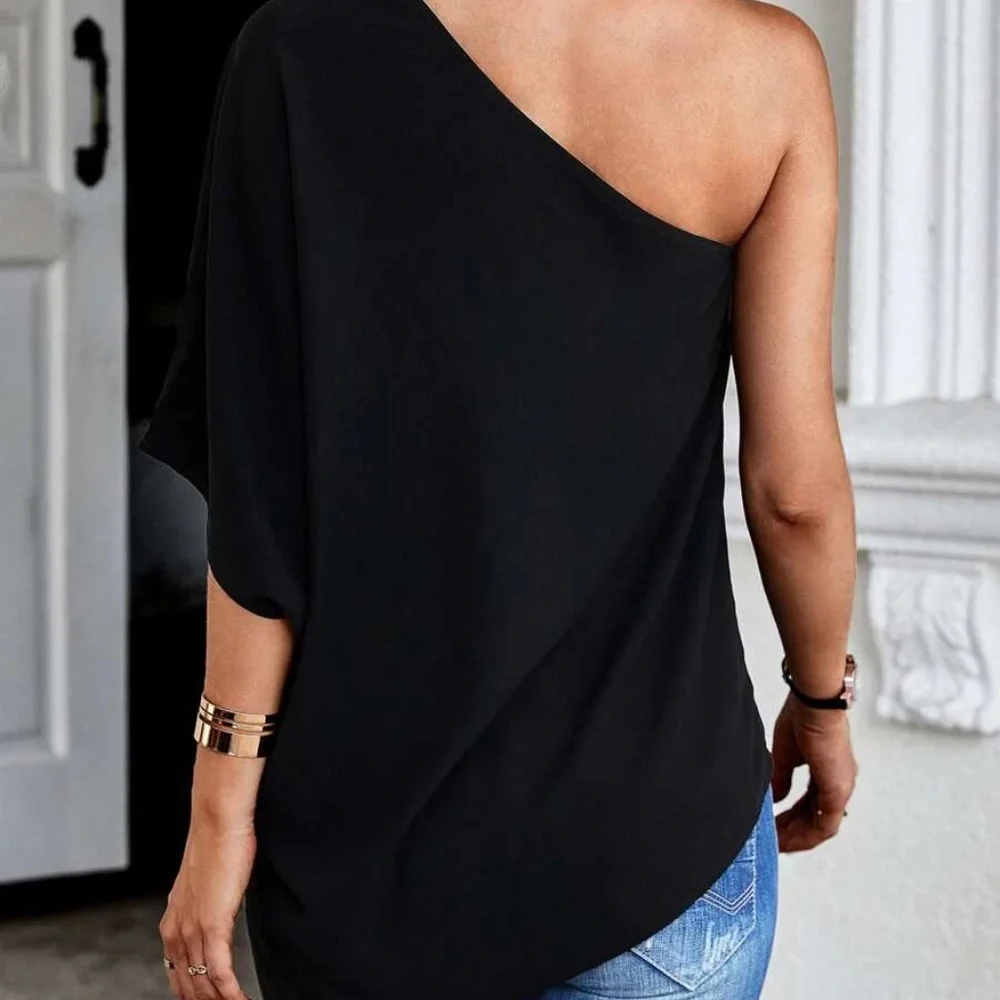 Solid One Shoulder Batwing Sleeve Blouse - Picture 3 of 8